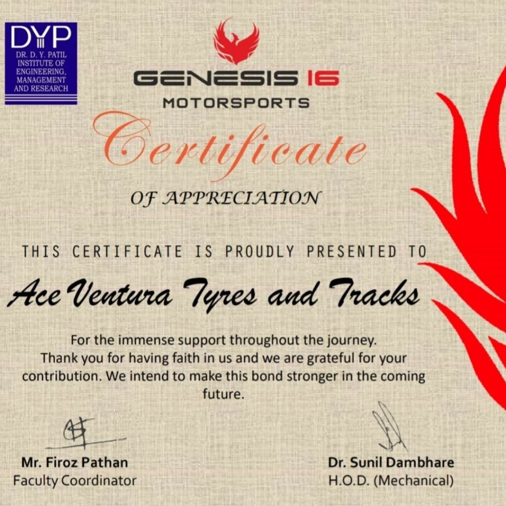 Certificate of Appreciation Ace Ventura Tyres and Tracks
